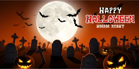 Spooky Halloween Friedhofsfledermäuse, Grabsteine und unheimliche Kürbislaternen YouTube-Cover-Designvorlage
