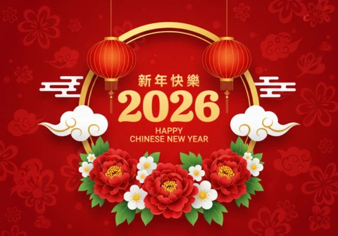 Szczęśliwego chińskiego nowego roku 2026, kartka z motywem czerwonej celebracji z lampionami, chmurami i tradycyjnymi elementami dekoracyjnymi.