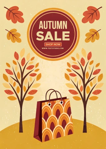 Modèle de design de vente d'automne avec des arbres colorés et un sac de shopping pour des flyers promotionnels
