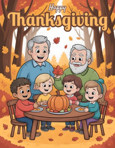 Carte de vœux de Thanksgiving grands-parents et enfants partageant un repas sous des feuilles d'automne et un ciel de coucher de soleil modèle de design bannière