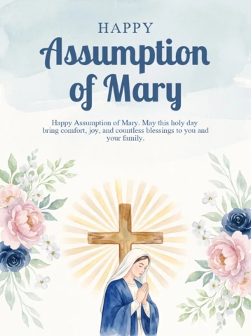 Assumption of Mary Catholic Poster Virgin Halo Radiant Light Blue Robe Veil Prayer Golden Cross Pink Blue Flowers Nostalgic Design Template
