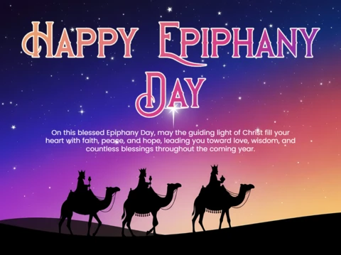 Epiphany Day Celebration Template with Camel Silhouettes and Starry Night Design