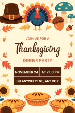 Thanksgiving Dinner Party Invitation Template with Turkey and Autumn Elements Design