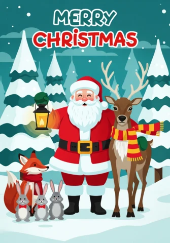 Merry Christmas Card Santa, Fox, Rabbits, and Squirrel in Festive Snow Scene with Lantern and Holiday Magic Poster Design Template