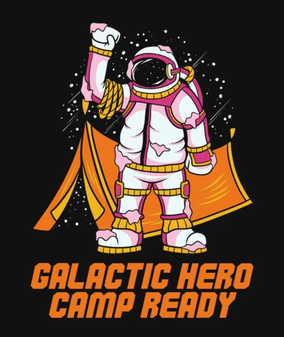 Oboz galaktycznego bohatera gotowy astronauta kemping z pomarańczowym namiotem, zwinięta lina i szablon projektu kosmicznej koszulki.