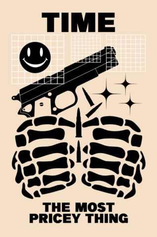 Plantilla de diseño gráfico audaz con elementos de arma y calavera para ropa