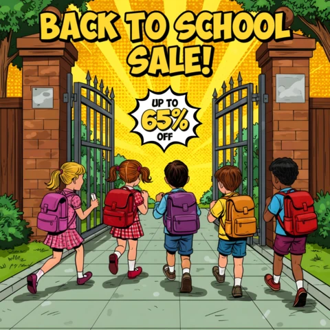 Arte in stile fumetto per la vendita di ritorno a scuola con ingresso del cancello della scuola, gruppo di studenti e design a esplosione di sconto per volantini promozionali.