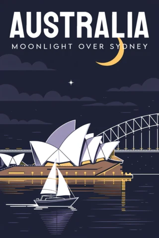 Template de design art déco da Austrália para pôster de viagem apresentando a Casa de Ópera de Sydney e a luz do luar.