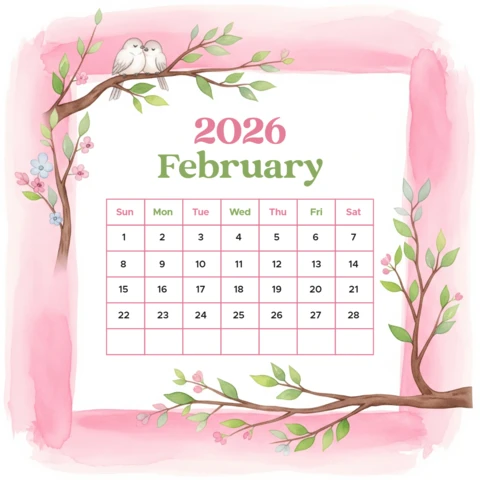 Calendario de febrero de 2026 con tema romántico, flores rosadas, hojas verdes y acentos de suave brillo.