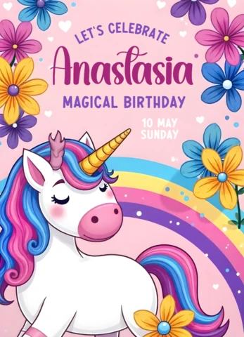 Modelo de convite de aniversário de unicórnio para crianças - design de festa mágica e colorida