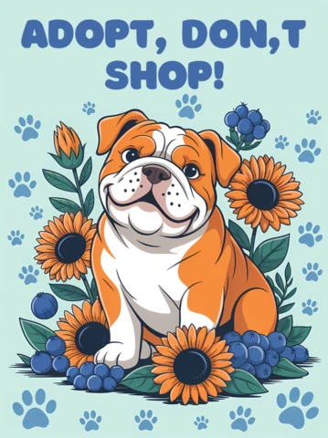 Szablon projektu buldoga na plakat uświadamiający o adopcji z słonecznikami i jagodami