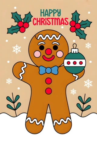 Seasonal Greeting Card Gingerbread Cookie in Winter Landscape with Decorative Plants and Holiday Greeting