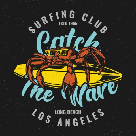 Crab On Surfing Board T-Shirt Design Template