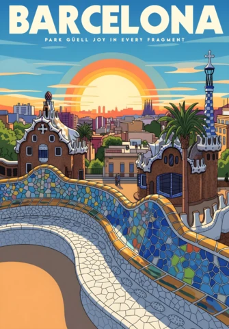 Park Güell Mosaic Bench & Sunset City View Barcelona Travel Posters Design Template