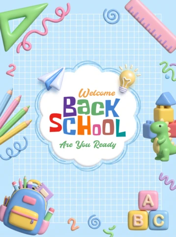 Colorful Back to School Poster with Cute 3D School Supplies Icons and a Blue Grid Pattern Background for Education