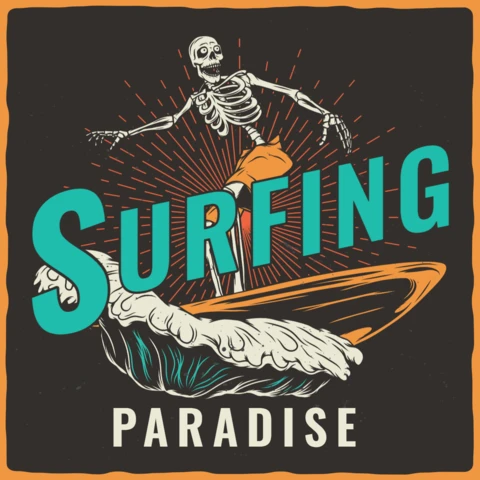 Modelo de design de camiseta de esqueleto com prancha de surfe