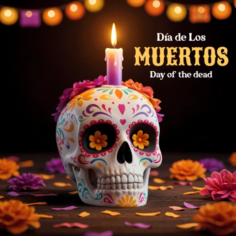 Colorful Día De Los Muertos Skull Design Template for Festive Greeting Cards