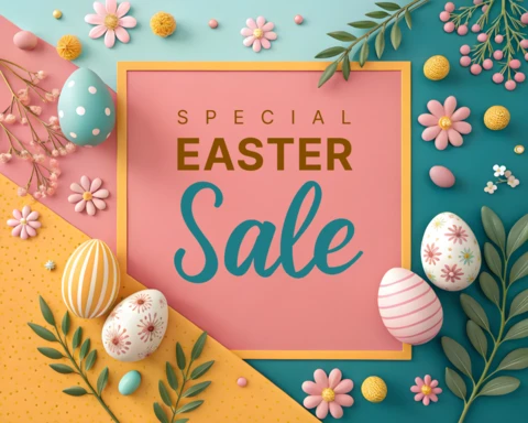 Colorida plantilla de diseño de venta de Pascua con elementos florales y huevos
