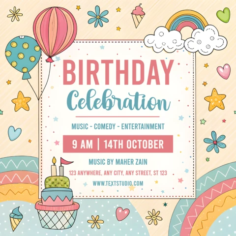 Editable Birthday Celebration Template - Whimsical Design with Balloons and Rainbows
