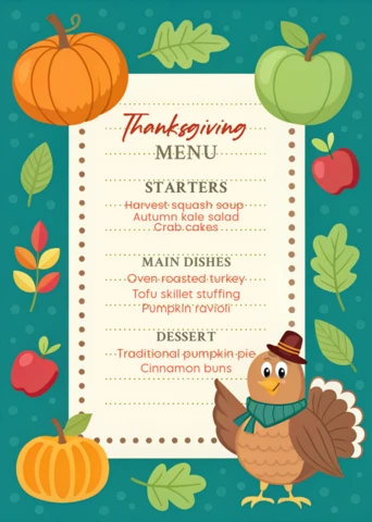 Thanksgiving Menu Design Template with Cute Turkey and Autumn Leaves for Holiday Celebrations