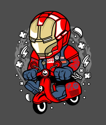 Modèle de conception de t-shirt de personnage de dessin animé Iron Man Scooter