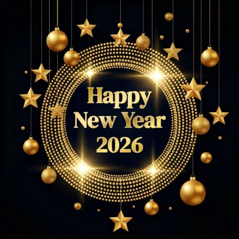 Elegant New Year 2026 Greeting Card Template with Gold Ornaments Design
