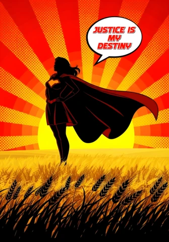 Justiça é meu destino mulher super-heroína silhueta em campo de trigo ao amanhecer design de pôster