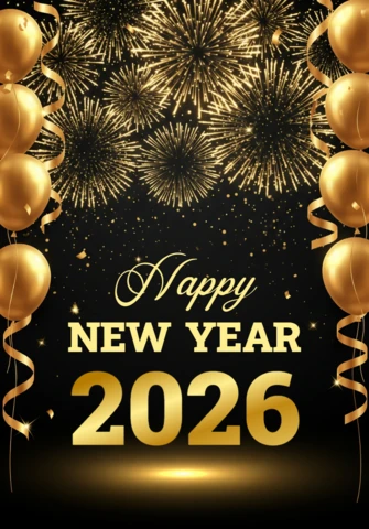 Cartão de saudação de feliz ano novo 2026 com balões dourados, fogos de artifício e luzes brilhantes em fundo preto elegante.