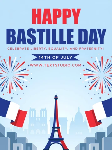 Bastille Day Greeting Card with Eiffel Tower, French Flags and Fireworks Celebration