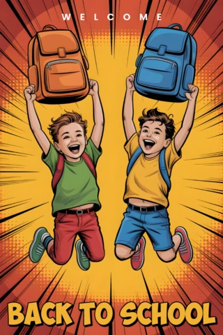 Back to School Jumping Students with Backpacks and Comic Burst Background Poster Design Template