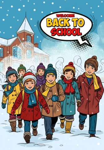 Winter Back to School Children Walking Through Snow Toward Bell Tower School Poster Design Template