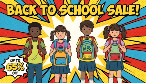 School Uniform Kids Comic Style Back to School Sale Art with Colorful Backpacks & Discount Burst Design Template for Promotional Flyers