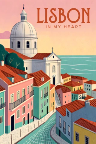 Lisbon Cityscape Retro Flat Illustration for Travel Posters Adn Postcards Template