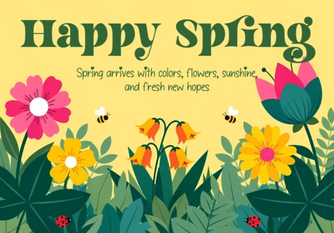 Spring Floral Design Template for Greeting Cards with Colorful Flowers and Bees