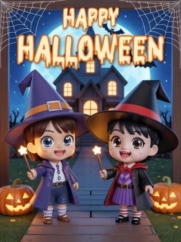 Modèle de design pour Halloween avec des personnages de sorcières mignons pour des invitations à des fêtes.