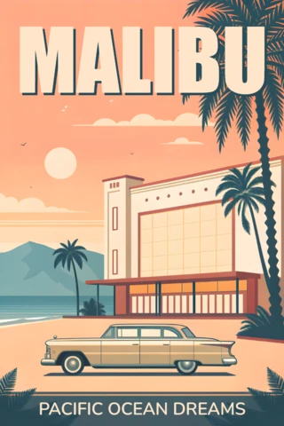 Design rétro plat de Malibu pour art mural de voyage mettant en vedette une voiture classique