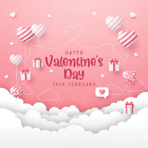 Valentine’s Day Greeting Card Poster Pink Background with Heart Balloons, Gift Boxes, and Cloud Accents