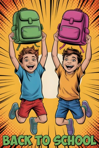 Back to School Jumping Students with Backpacks and Comic Burst Background Poster Design Template Poster Design Template