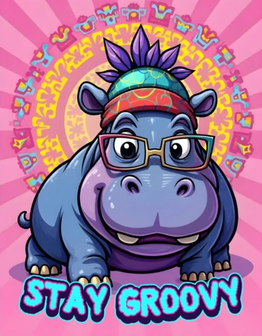 Funky Hippo Cartoon Design Template - Stay Groovy Theme