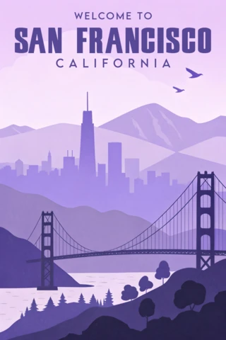 Conception paysagère de San Francisco en violet pour des affiches de voyage rétro.
