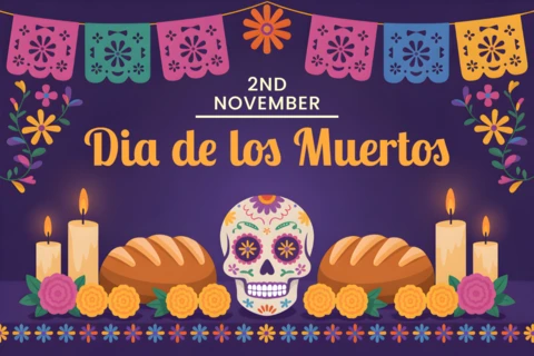 Dia De Los Muertos Design Template for Festive Posters with Colorful Skulls and Candles