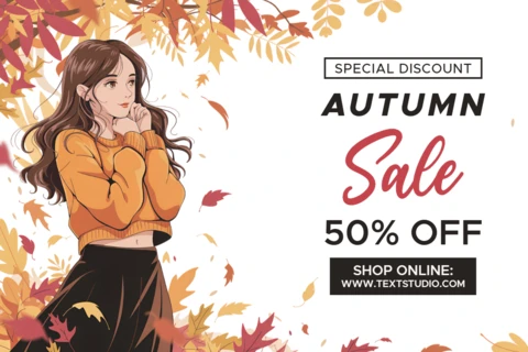 Autumn Sale Promotional Template with Illustrated Anime Character and Leaf Design