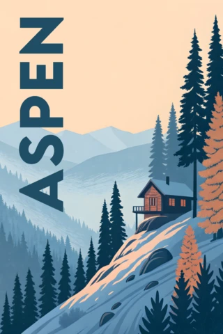 Cabaña de montaña en Aspen ilustración para plantilla de carteles de viaje imprimibles invernales.
