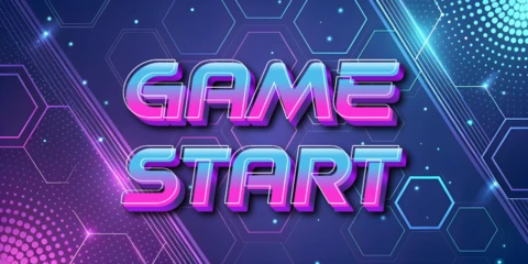 Retrowave Neon Game Start Template Design with Hexagonal Background