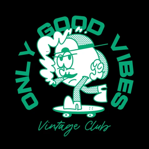 Nur gute Vibes Vintage Skateboarding Charakter, der entspannte Energie verbreitet T-Shirt Design Vorlage