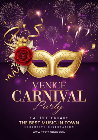 Póster de fiesta de carnaval de Venecia, máscara veneciana con cinta, confeti y brillos para la decoración de la celebración de máscaras.