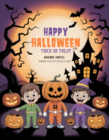Zaproszenie na Halloween, parada zbierania cukierków z pełnią księżyca, latającymi nietoperzami i świątecznymi dekoracjami - szablon projektu na festiwalowe ulotki.