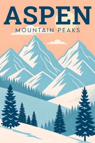 Aspen Mountain Peaks Design for Retro Flat Posters Print