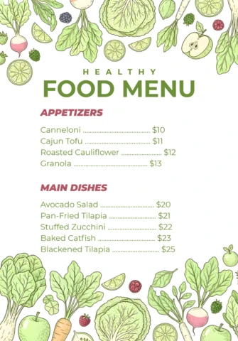 Fresh Green Food Menu Template with Hand-Drawn Vegetables Design for Restaurant Use
