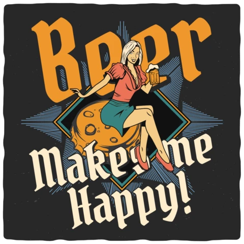Camiseta com desenho de pin-up de cerveja que me faz feliz